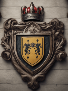 Image of a family crest with a yellow shield and two animals on the front, they appear to be two lions.