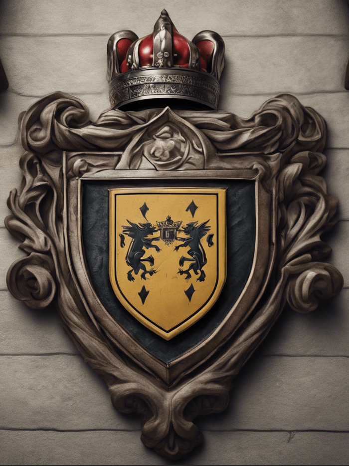 Image of a family crest with a yellow shield and two animals on the front, they appear to be two lions.