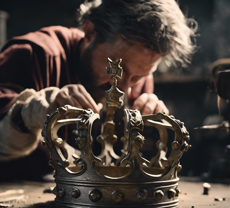 image of a crown in the foreground with a person in a red shirt in the background looking as if they are working or designing the crown.