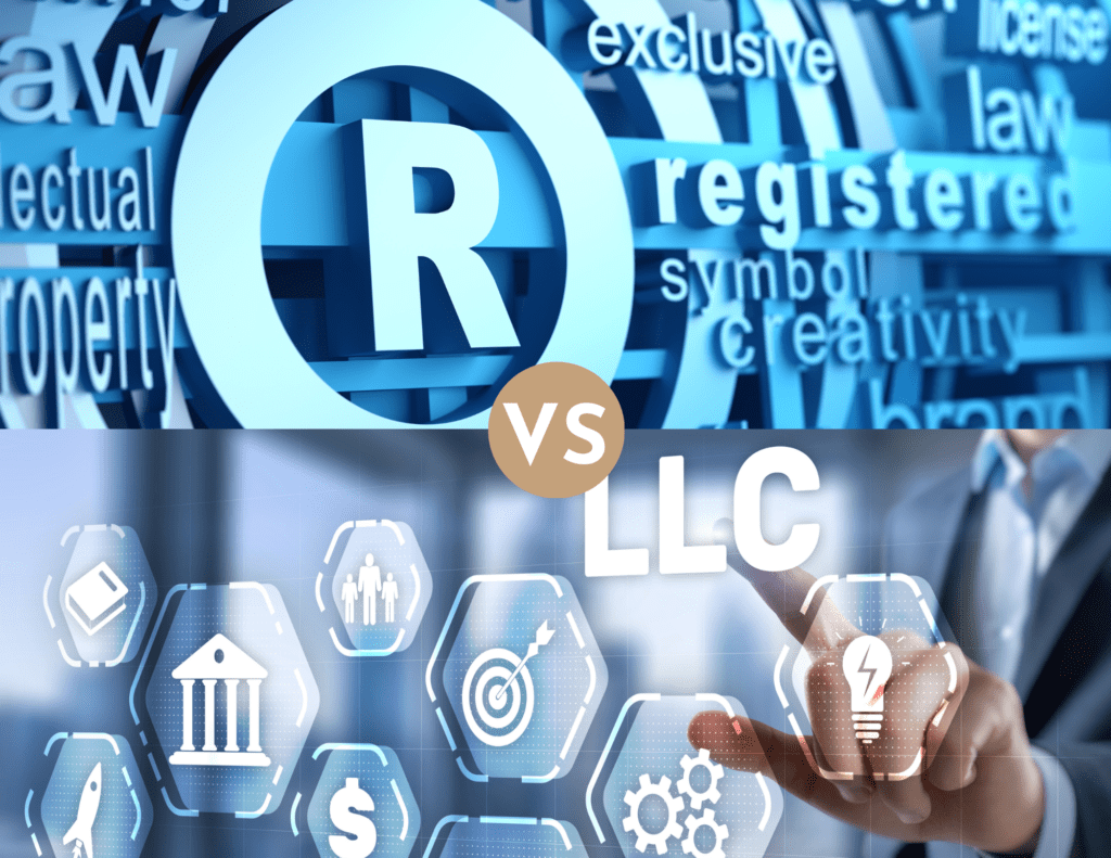 Trademark vs LLC images, abstract images of both a trademark symbol and LLC with icons and words that describe it.