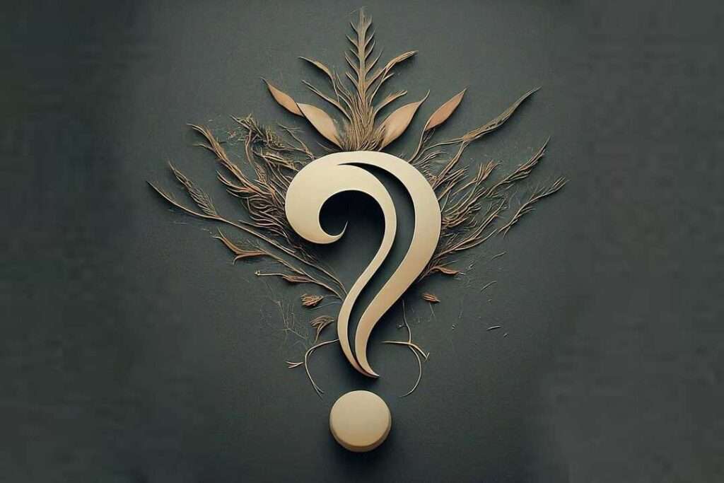 An image of a gold 3d Question mark with some gold foliage on a black background.