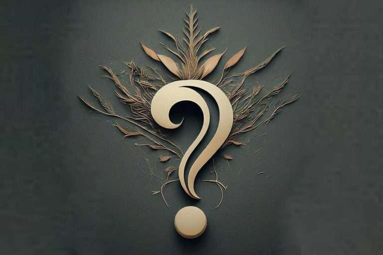 An image of a gold 3d Question mark with some gold foliage on a black background.
