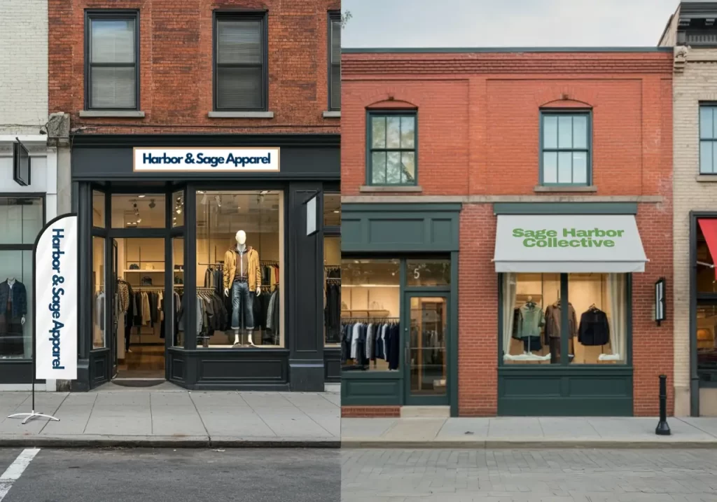 Side-by-side image comparison of two storefronts showcasing potential trademark confusion