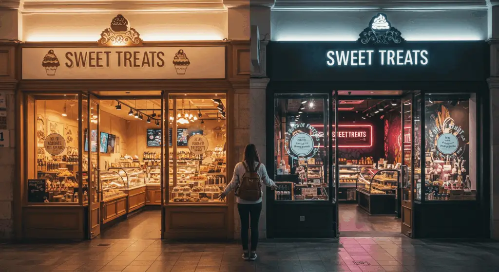 Trademark law image customer deciphering between two similar stores with alike logos and trademark style store names sweet treats
