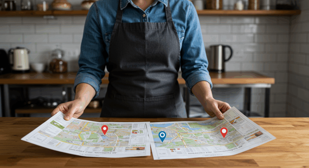 Image of a local baker looking at two locations of restaurants that have the same name.