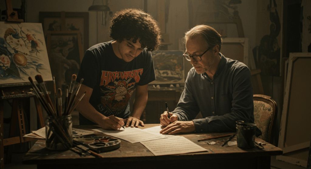 Two people signing a contract for copyright law with signing their rights off.