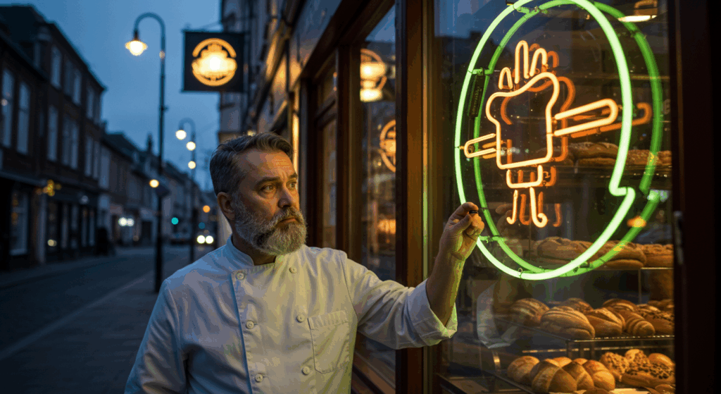 A man looking at the logo stolen from him because he did not register it under copyright law.